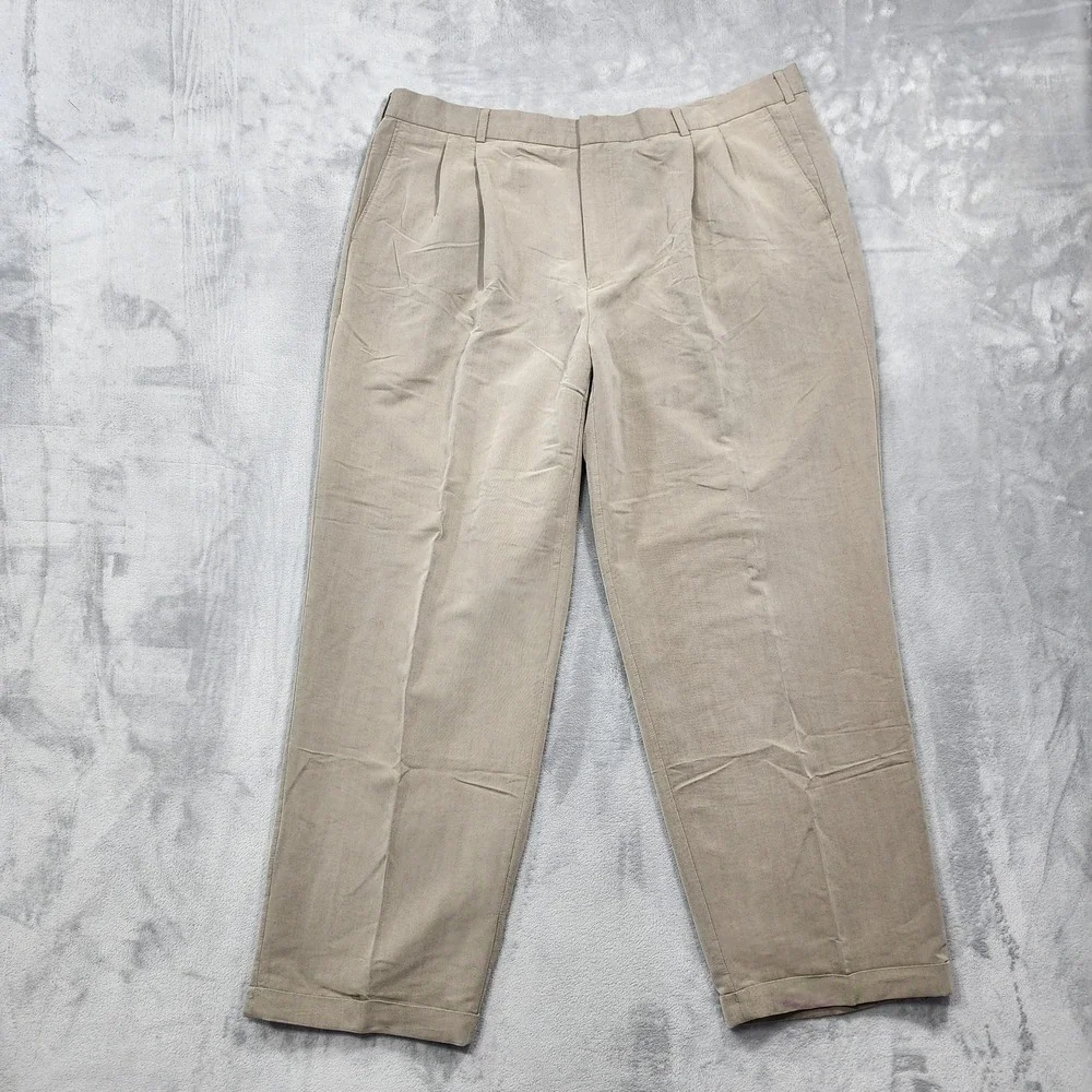 Perry Ellis Portfolio Pants Mens 40x32 Beige Pleated Straight Cuffed Office